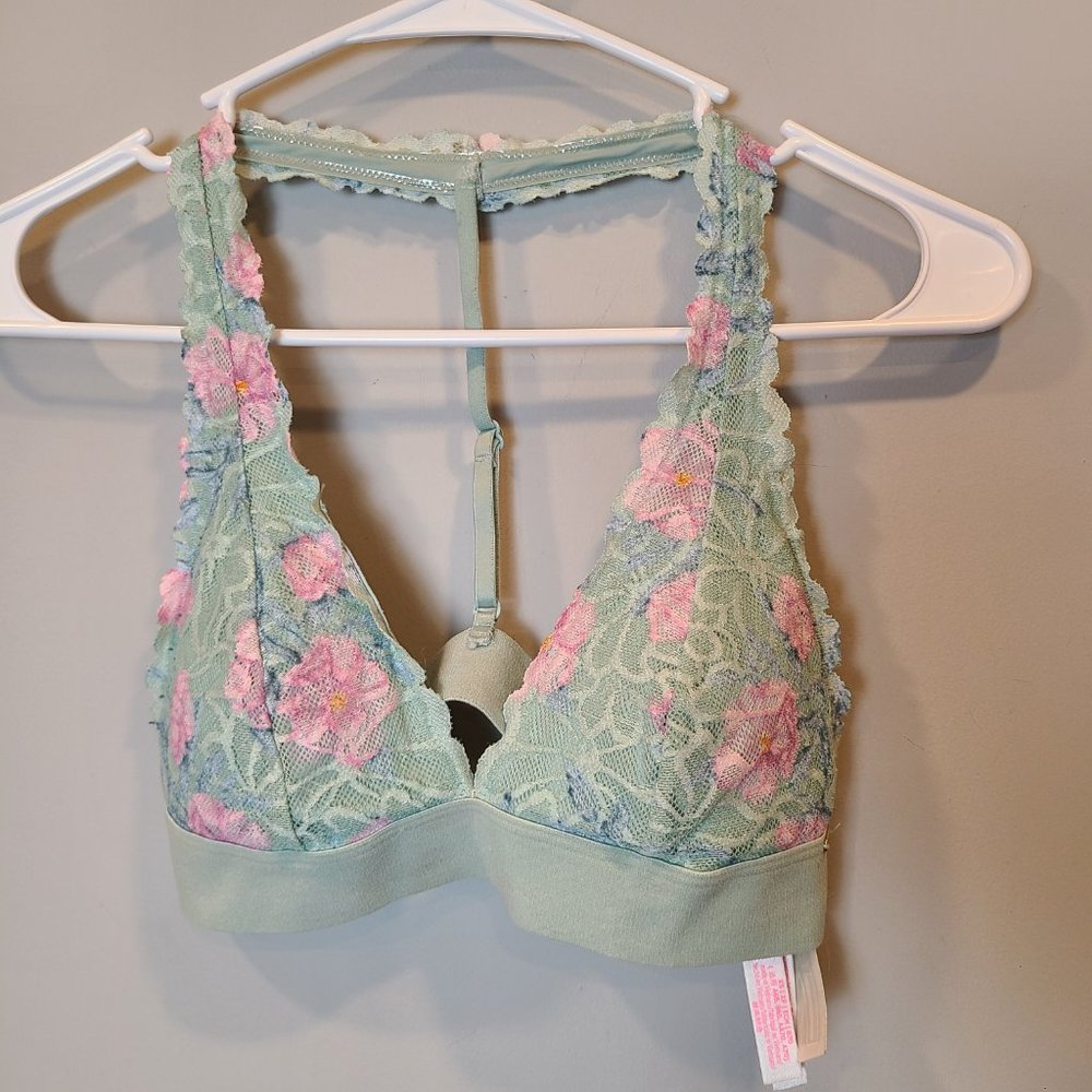 PINK Victorias Secret Bra Bralette Extra Small Green Lace Floral Pink Flowers - Picture 7 of 7